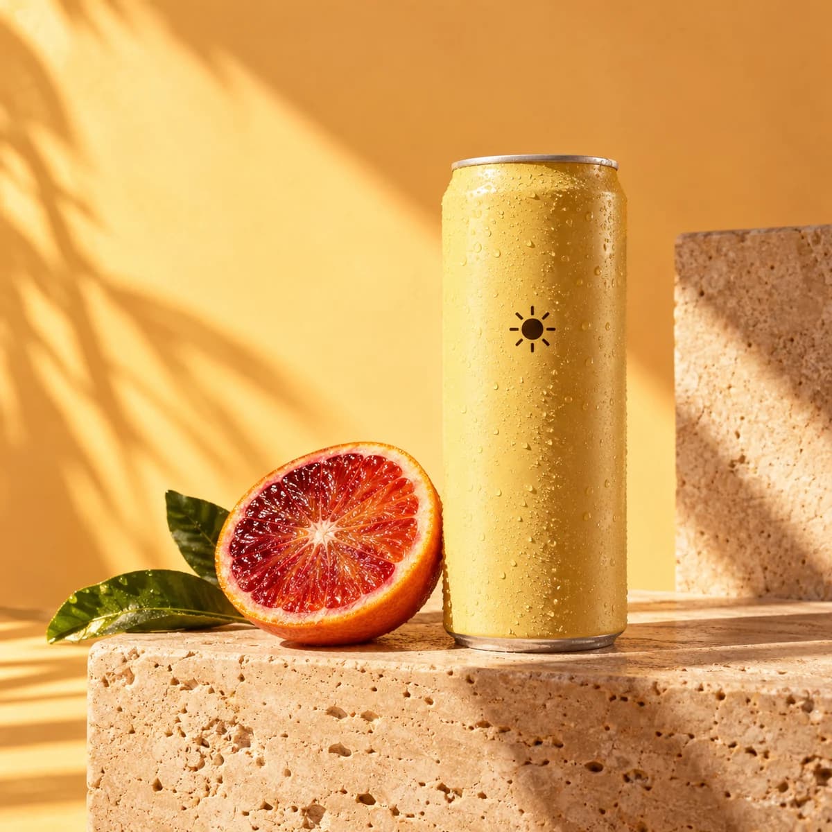 Example campaign: a citrus drink can with an orange on a sunlit peach-colored set